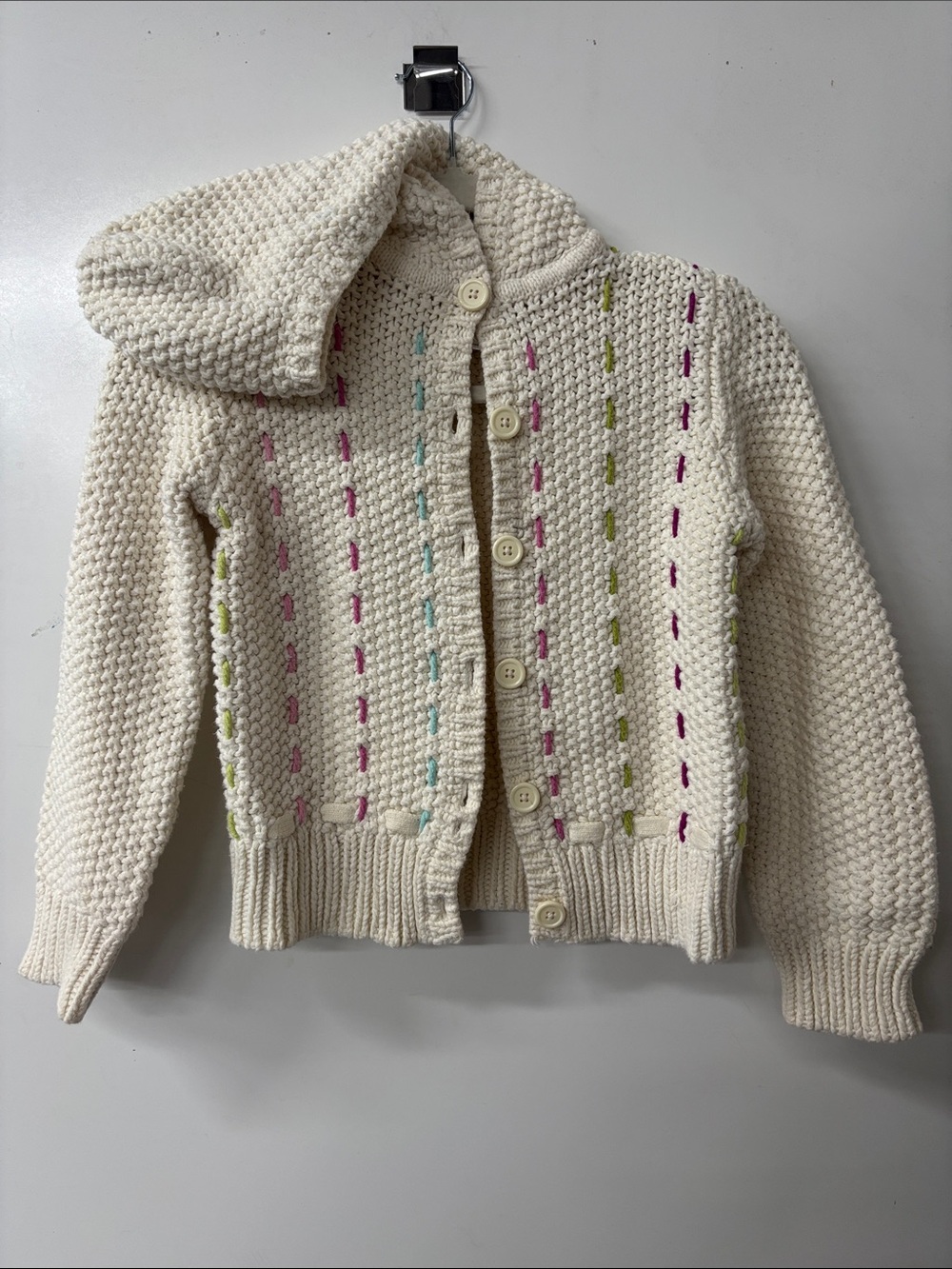 Gymboree Cream Hooded Knit Cardigan with Pink, Green, and Blue Stitching